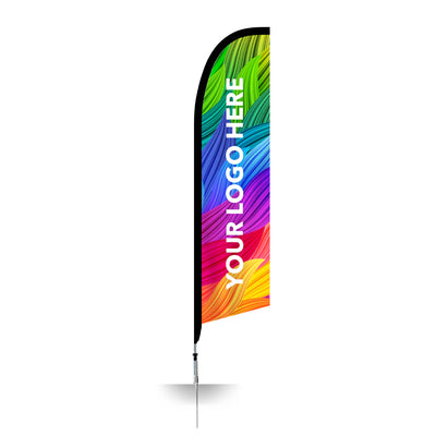 Single colorful mockup on spike displaying sample artwork, Large Size Custom Printed Feather Flag.