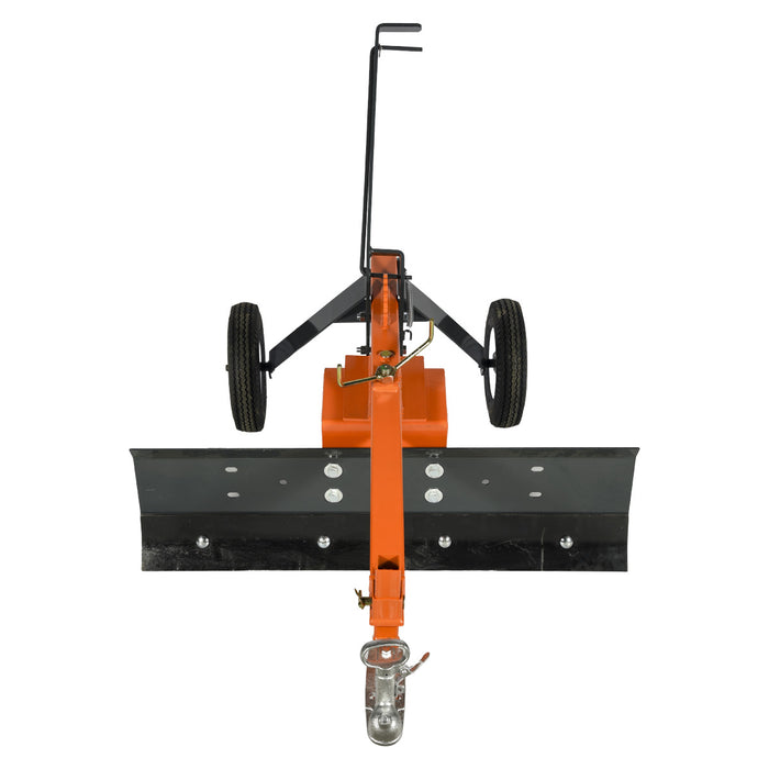 Front view aligned with blade and hitch of ATV Tow-Behind Grader Blade