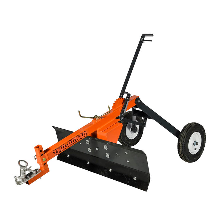 Angled view showing hitch, blade and single wheel of ATV Tow-Behind Grader Blade