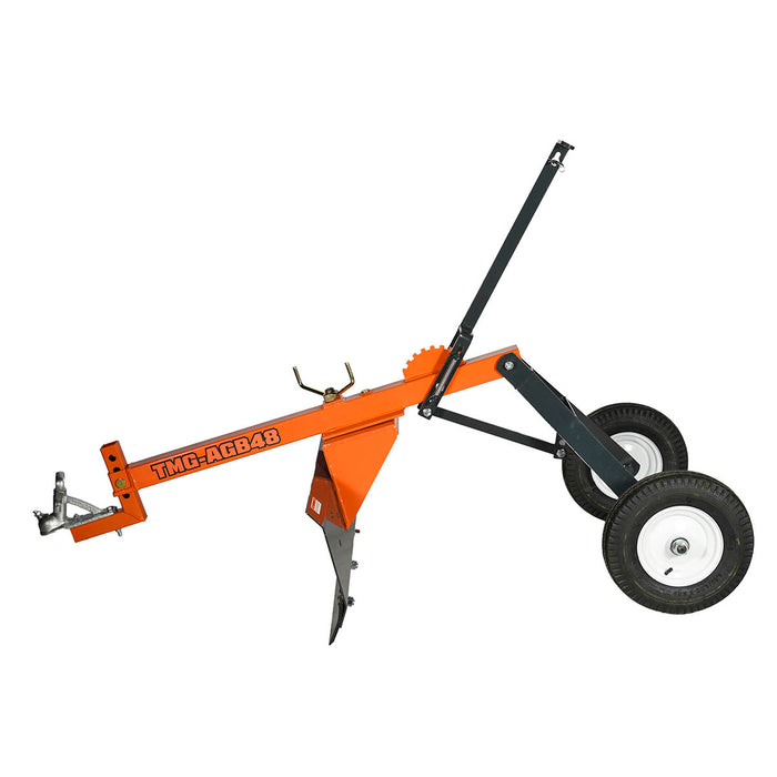 Side profile showing lowered center blade attachment and tires on ATV Tow-Behind Grader Blade