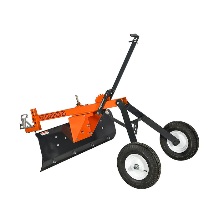 Three-quarter view showing blade, frame and dual wheels on ATV Tow-Behind Grader Blade