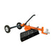 Side-angle showing handle, blade edge and wheels on ATV Tow-Behind Grader Blade