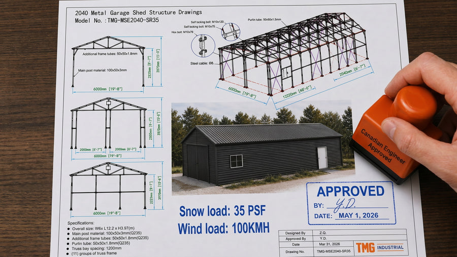 20' x 40' Metal Garage Shed Steel Building, 35 PSF Snow Load Rated, Two 8'4" Double Doors, Side Entry Door, 13' Peak Height, Engineering Drawing TMG-MSE2040-SR35