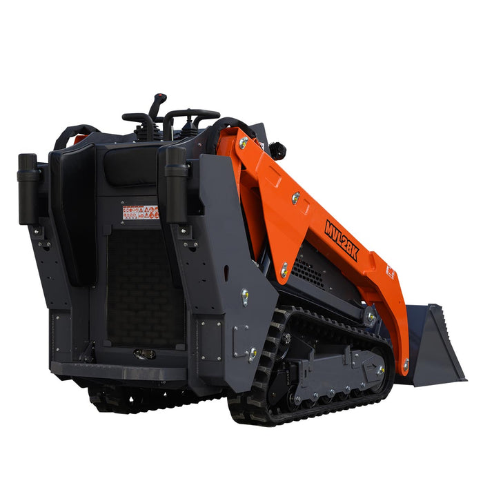 Mini skid steer loader with 24.6HP Kubota diesel engine, 750lb lift capacity, 112in lift height, and 44in front bucket, TMG-MVL28K