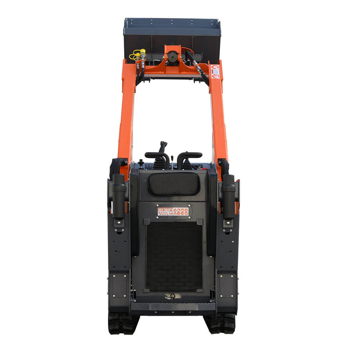 Mini skid steer loader with 24.6HP Kubota diesel engine, 750lb lift capacity, 112in lift height, and 44in front bucket, TMG-MVL28K