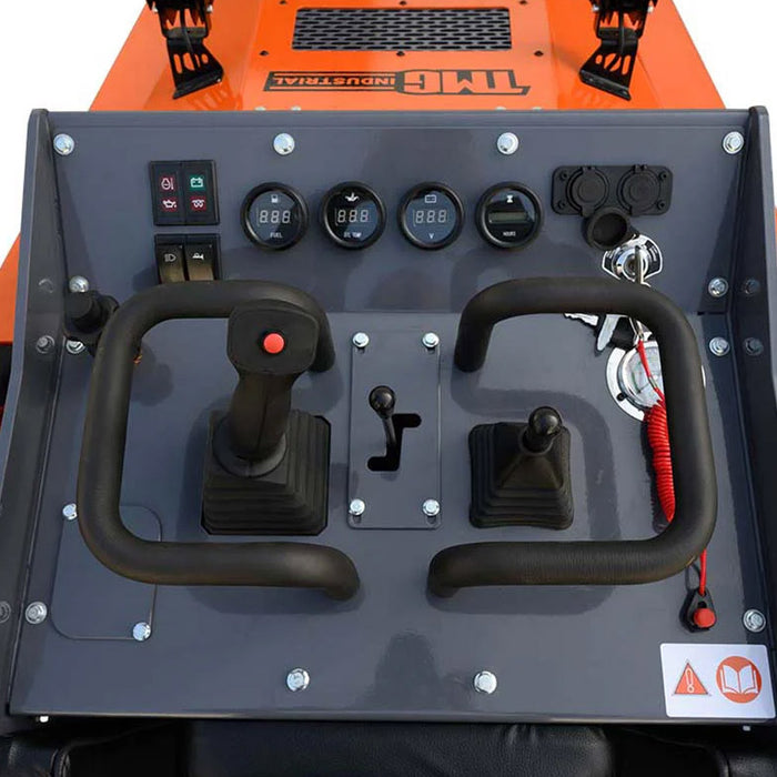 Mini skid steer loader with 24.6HP Kubota diesel engine, 750lb lift capacity, 112in lift height, and 44in front bucket, TMG-MVL28K