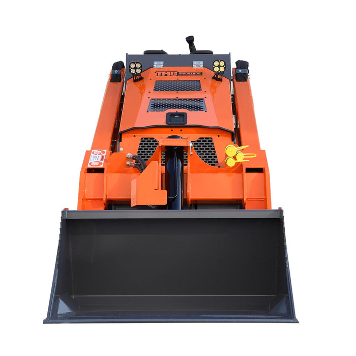 Mini skid steer loader with 24.6HP Kubota diesel engine, 750lb lift capacity, 112in lift height, and 44in front bucket, TMG-MVL28K