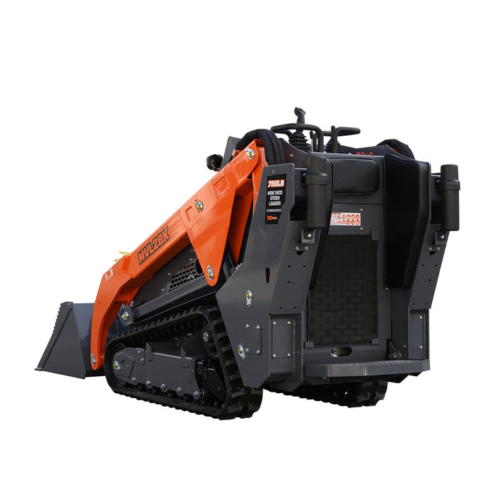 Mini skid steer loader with 24.6HP Kubota diesel engine, 750lb lift capacity, 112in lift height, and 44in front bucket, TMG-MVL28K