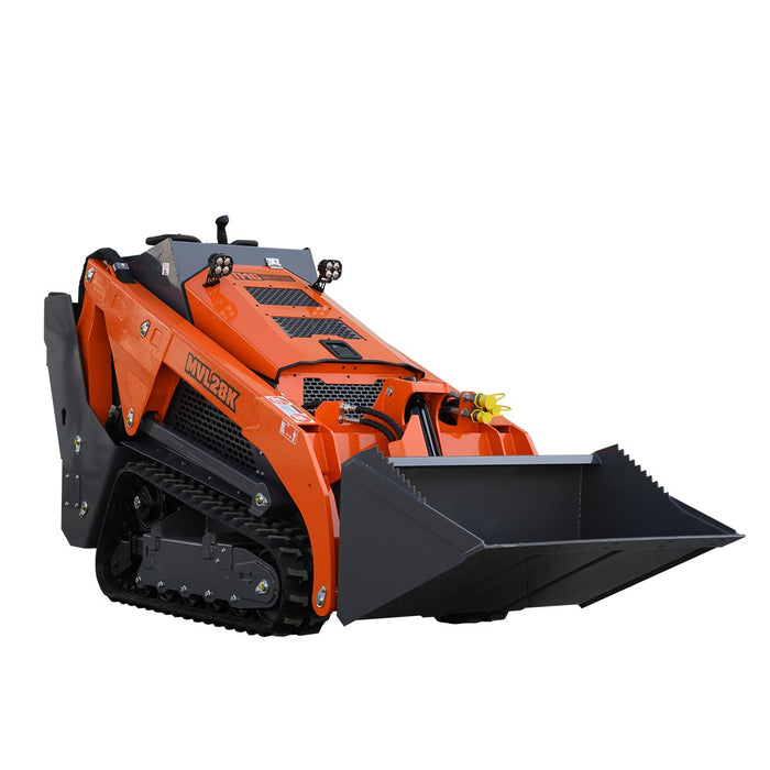 Mini skid steer loader with 24.6HP Kubota diesel engine, 750lb lift capacity, 112in lift height, and 44in front bucket, TMG-MVL28K