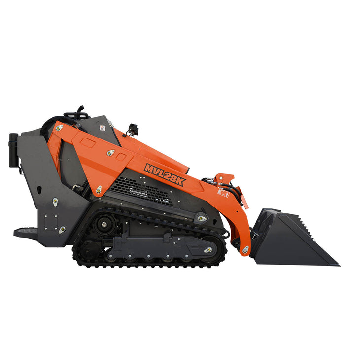 Mini skid steer loader with 24.6HP Kubota diesel engine, 750lb lift capacity, 112in lift height, and 44in front bucket, TMG-MVL28K