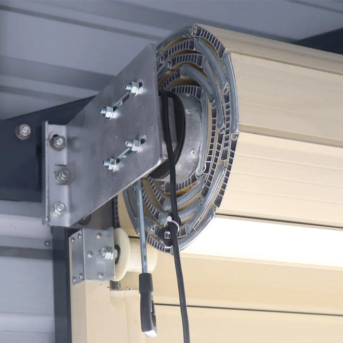 TMG-MS20-RD08 Motorized Roll-Up Door Kit for TMG-MS20 series metal barn sheds, featuring two remote controls, an AC motor, and a backup manual opener for smooth and reliable operation.