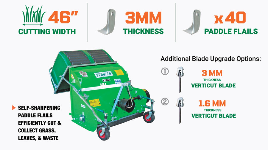 Peruzzo 46" Flail Collector Mower for 20 to 25 HP Tractors, Rear Mounted Hydraulic Opening, Category 1N, MFR #: Koala Ground 1200, Made in Italy TMG-PE9500