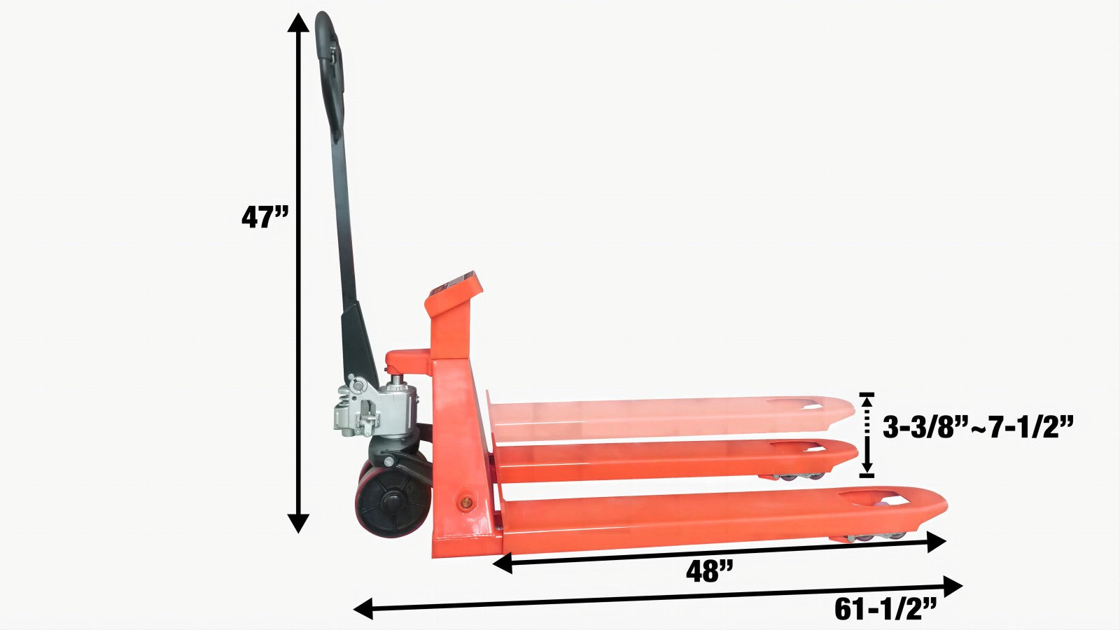 TMG Industrial 4500-lb Truck Scale Pallet Jack, 2” LCD, Lb/Kg Switchable, 220° Steering Arc, Poly Wheels & Rollers, 48”  Forks, TMG-PJ45S-specifications-image