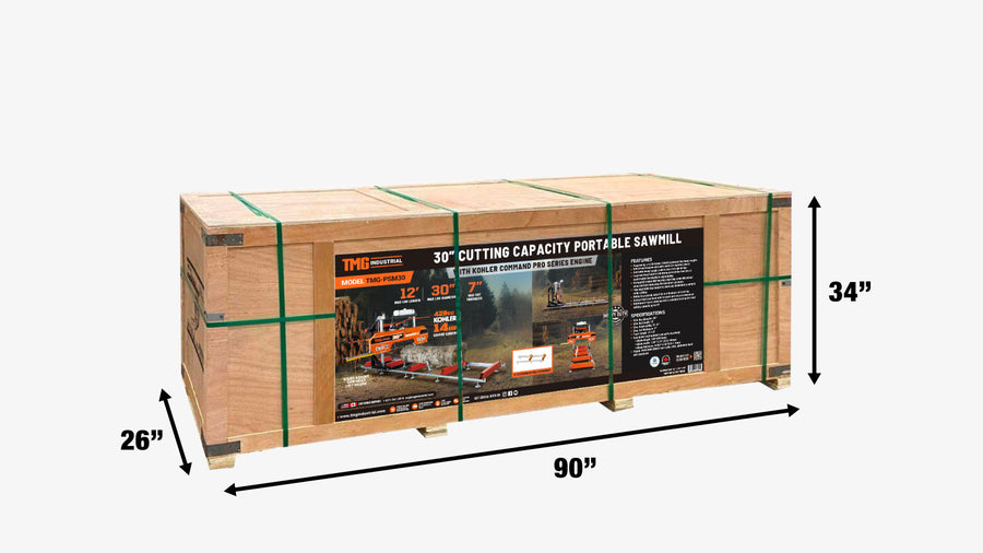Scierie portative industrielle TMG 30 po, moteur Kohler 14 HP, largeur de planche de 28 po, longueur de bûche de 12 pi, lit de voie de 14,5 pi, TMG-PSM30