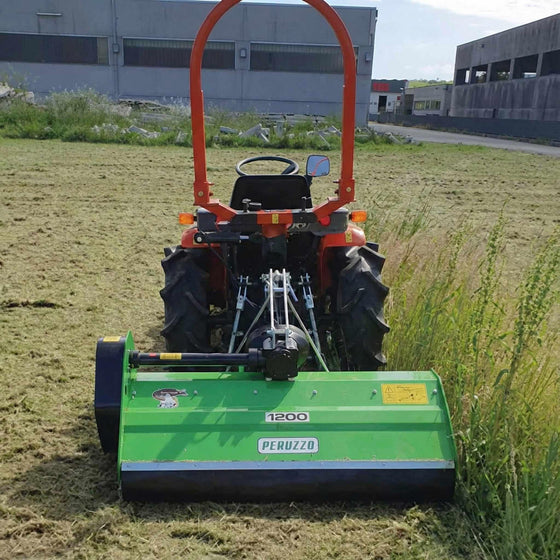Peruzzo FOX1200 48" rear flail mower with 40 hammer blades for 18–20 HP compact tractors
