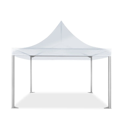White Marquee Tent Canopy front view showing peaked roof and metal legs.
