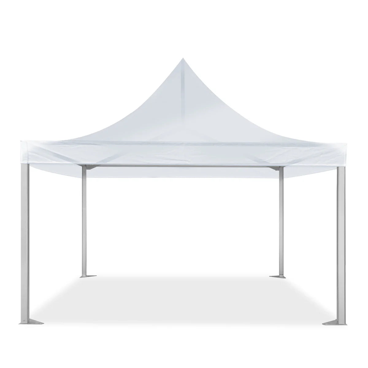Front view of 20' x 20' Marquee Tent Canopy, White with four legs.