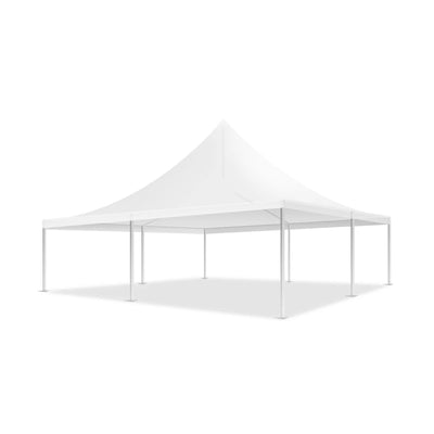 White tent with high peaked roof and open sides, Marquee Tent Canopy.