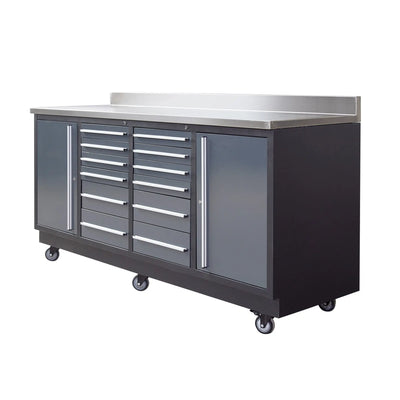 Pro Series 7-Ft 12-Drawer Workbench with Stainless Steel Top, Ball Bearing Double Slides & Casters, TMG-WB712