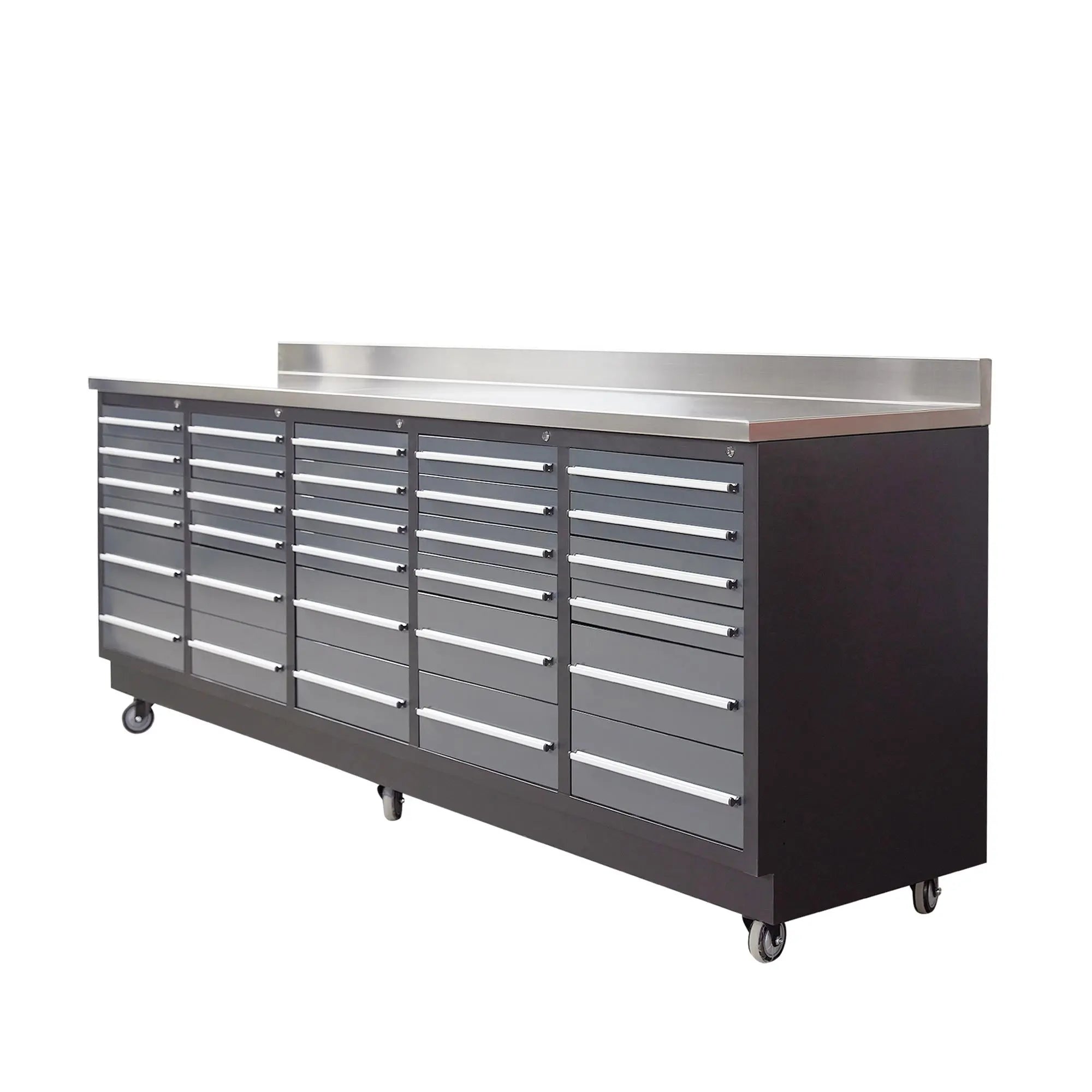 Pro Series 9-Ft 30-Drawer Workbench with Stainless Steel Top, Ball Bearing Double Slides & Casters, TMG-WB930