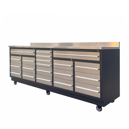 TMG Heavy Series™ 9-Ft 20 Drawer Stainless Steel Workbench, Ball Bearing Double Slides & Casters, TMG-WB921S (Previously TMG-WB21DS)