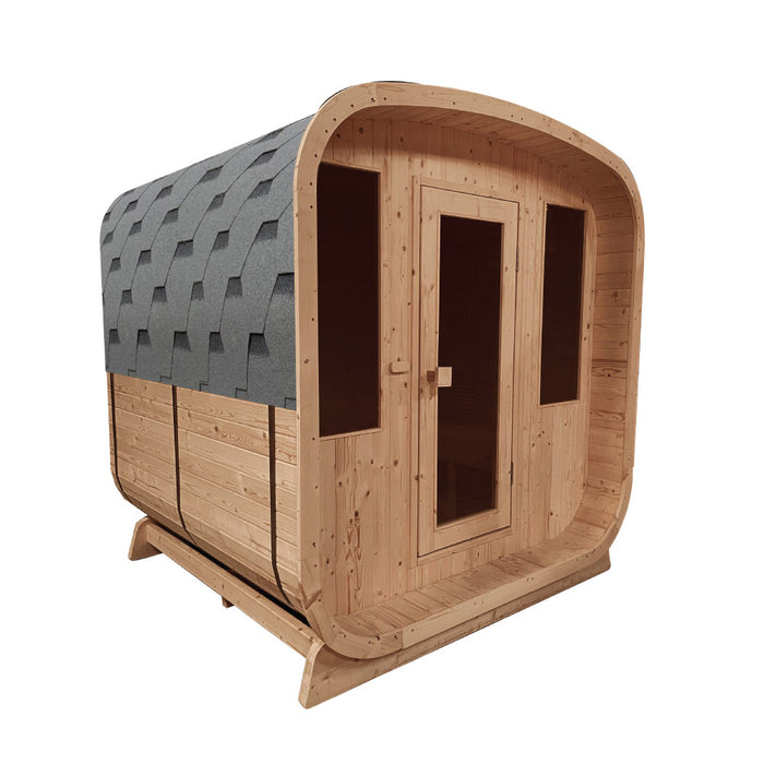 TMG-LSN52 rustic cedar outdoor sauna with 4-person square design, two benches, tempered glass door, and electric stove heating