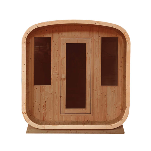 TMG-LSN52 rustic cedar outdoor sauna with 4-person square design, two benches, tempered glass door, and electric stove heating