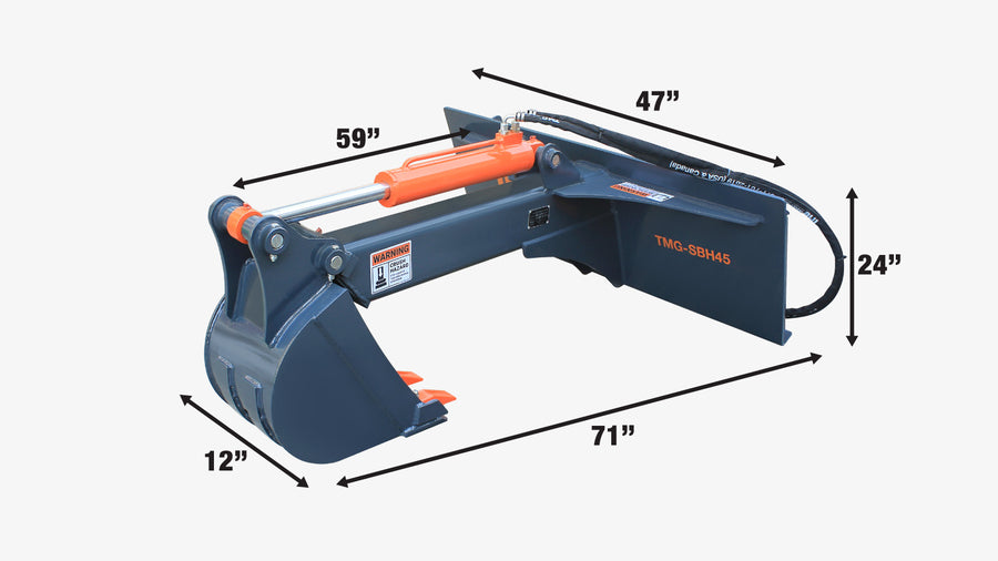 Skid Steer Backhoe Attachment, 12" Bucket Included, 30-60 HP Carriers, 59" Digging Depth TMG-SBH45