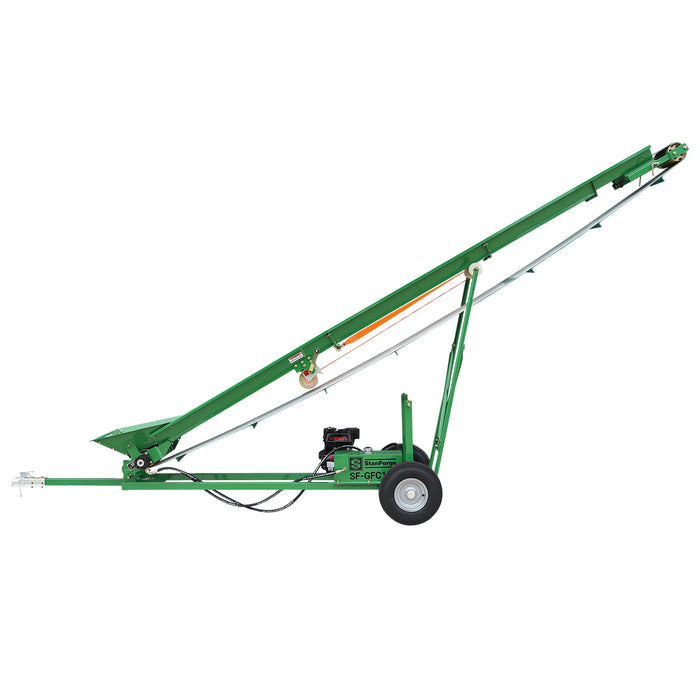 Convoyeur à bois de chauffage StanForge, moteur à essence 6,5 HP, tapis PVC de 12" de largeur, hauteur jusqu'à 10', attelage à boule de 2", SF-GFC12