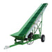 12-inch wide firewood conveyor with inclined PVC belt, gas engine and two-wheel tow frame