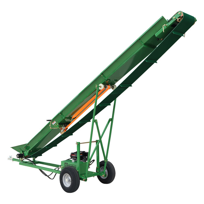 Convoyeur à bois de chauffage StanForge, moteur à essence 6,5 HP, tapis PVC de 12" de largeur, hauteur jusqu'à 10', attelage à boule de 2", SF-GFC12