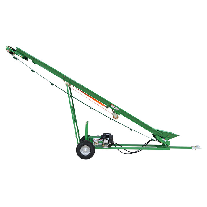 Convoyeur à bois de chauffage StanForge, moteur à essence 6,5 HP, tapis PVC de 12" de largeur, hauteur jusqu'à 10', attelage à boule de 2", SF-GFC12