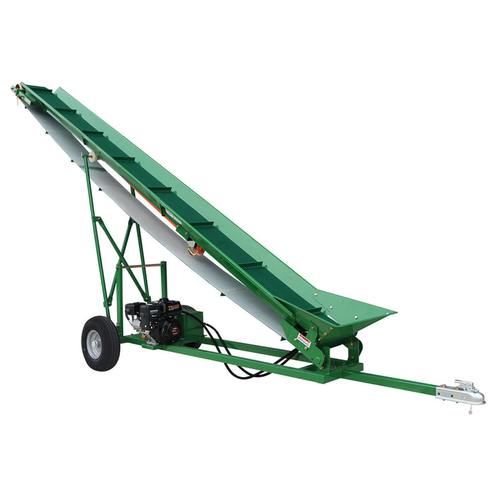 Convoyeur à bois de chauffage StanForge, moteur à essence 6,5 HP, tapis PVC de 12" de largeur, hauteur jusqu'à 10', attelage à boule de 2", SF-GFC12