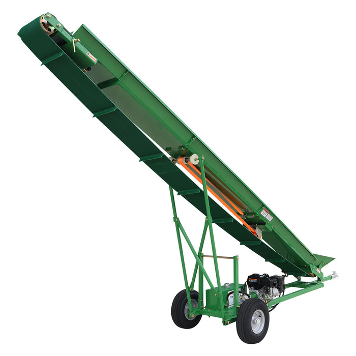 Convoyeur à bois de chauffage StanForge, moteur à essence 6,5 HP, tapis PVC de 12" de largeur, hauteur jusqu'à 10', attelage à boule de 2", SF-GFC12