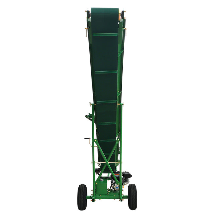 Convoyeur à bois de chauffage StanForge, moteur à essence 6,5 HP, tapis PVC de 12" de largeur, hauteur jusqu'à 10', attelage à boule de 2", SF-GFC12