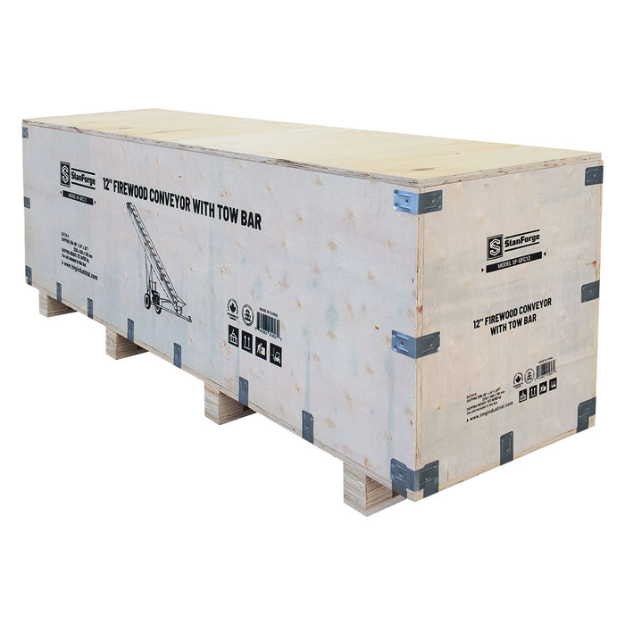 Convoyeur à bois de chauffage StanForge, moteur à essence 6,5 HP, tapis PVC de 12" de largeur, hauteur jusqu'à 10', attelage à boule de 2", SF-GFC12