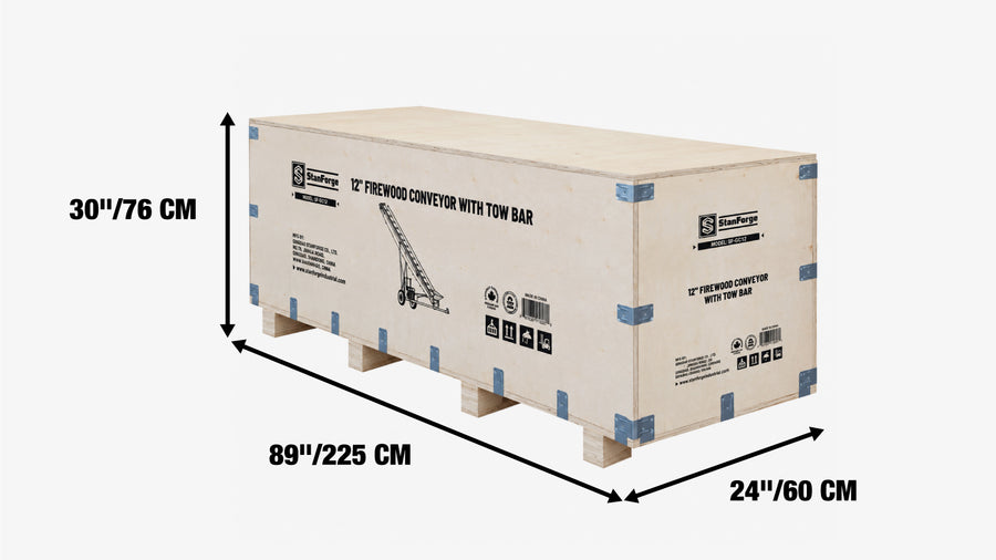 Convoyeur à bois de chauffage StanForge, moteur à essence 6,5 HP, tapis PVC de 12" de largeur, hauteur jusqu'à 10', attelage à boule de 2", SF-GFC12