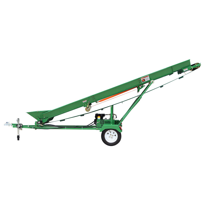 Convoyeur à bois de chauffage StanForge, moteur à essence 6,5 HP, tapis PVC de 20 po de largeur, hauteur jusqu'à 10 pi, attelage à boule de 2 po, SF-GFC20