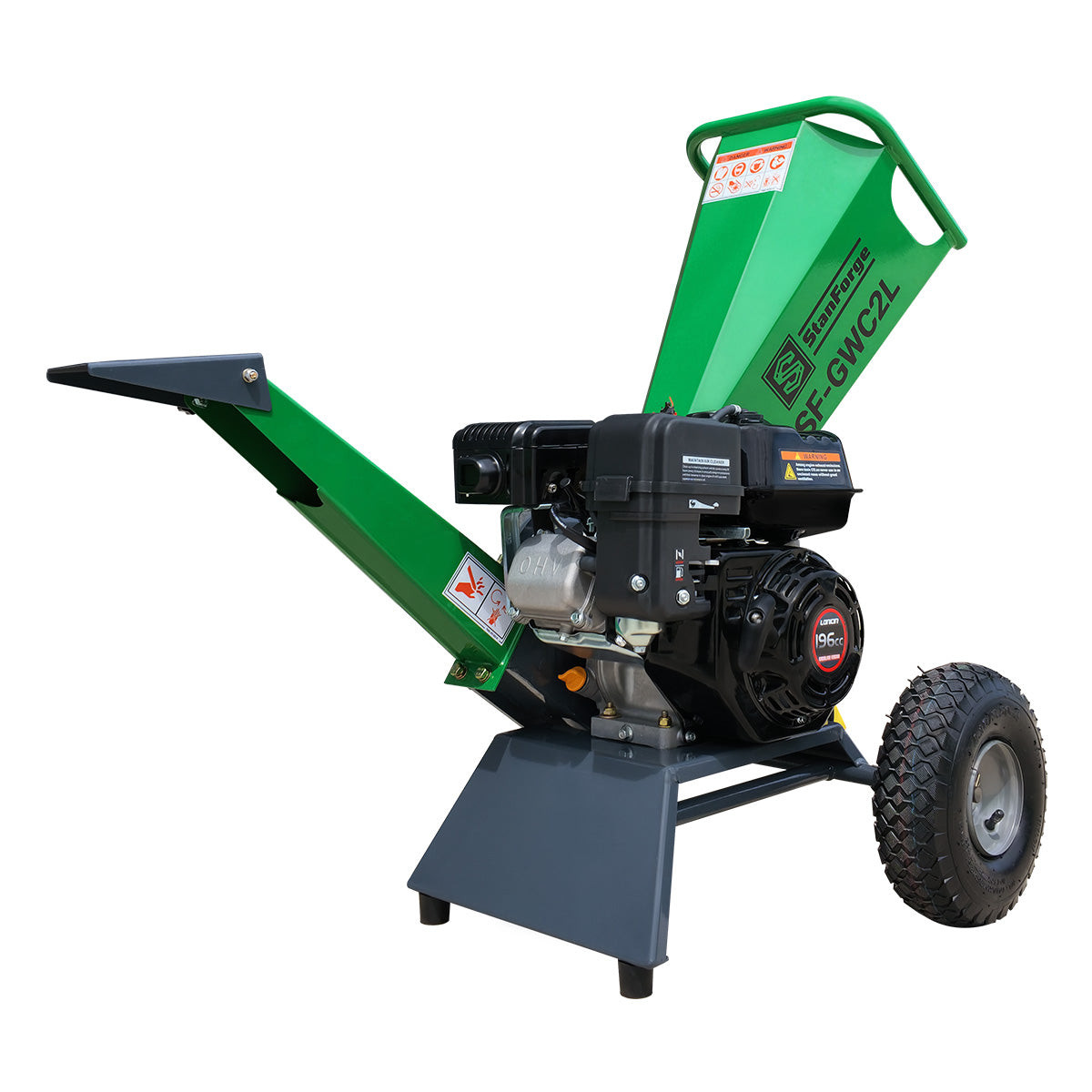 2-inch portable wood chipper with 6.5 HP gas engine, green discharge chute and two wheels