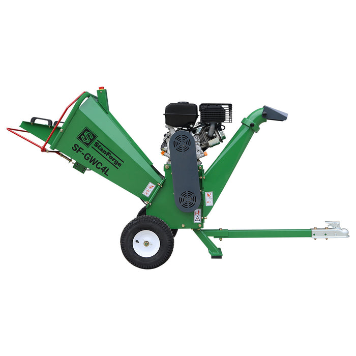 Déchiqueteuse à bois StanForge de 4 po, moteur à essence de 10 HP, goulotte d'éjection pivotante à 360°, remorquable avec attelage de 2 po, SF-GWC4L