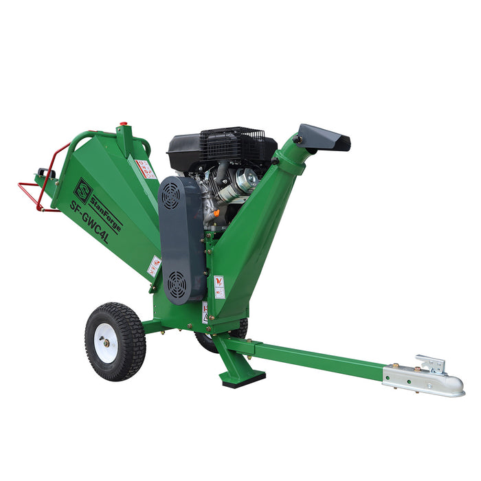 Déchiqueteuse à bois StanForge de 4 po, moteur à essence de 10 HP, goulotte d'éjection pivotante à 360°, remorquable avec attelage de 2 po, SF-GWC4L