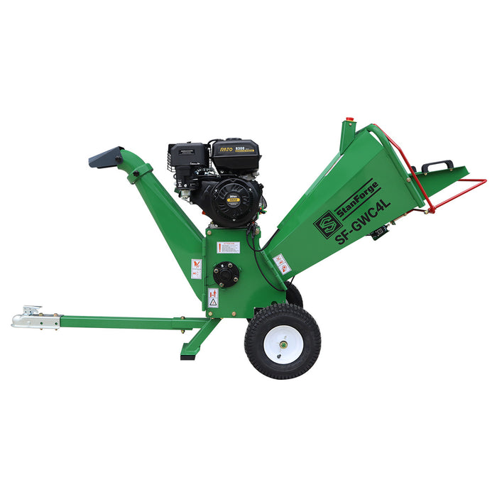 Déchiqueteuse à bois StanForge de 4 po, moteur à essence de 10 HP, goulotte d'éjection pivotante à 360°, remorquable avec attelage de 2 po, SF-GWC4L