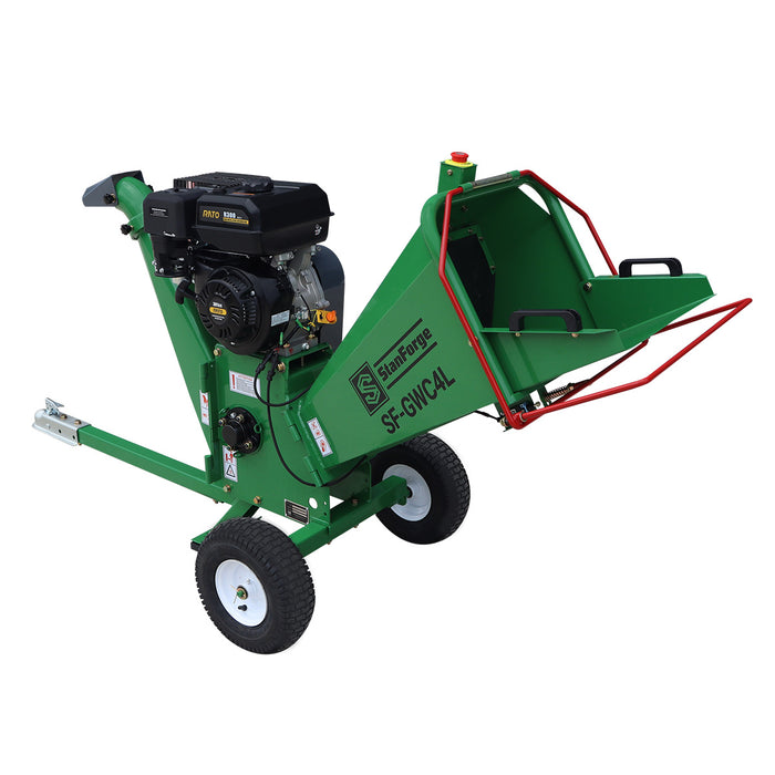 Déchiqueteuse à bois StanForge de 4 po, moteur à essence de 10 HP, goulotte d'éjection pivotante à 360°, remorquable avec attelage de 2 po, SF-GWC4L