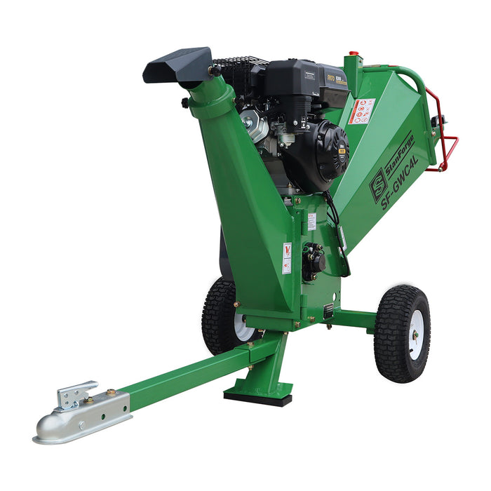 4-inch tow-behind wood chipper with 10 HP gas engine and 360-degree rotating discharge chute