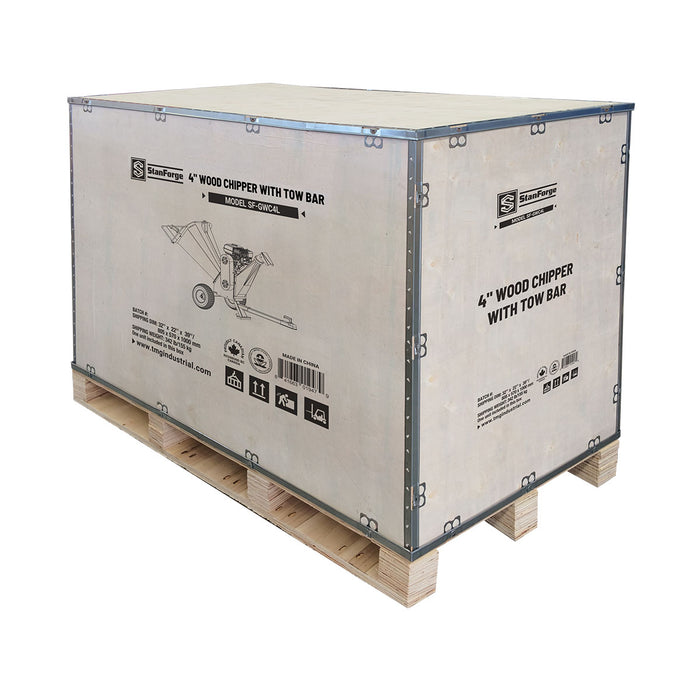 Déchiqueteuse à bois StanForge de 4 po, moteur à essence de 10 HP, goulotte d'éjection pivotante à 360°, remorquable avec attelage de 2 po, SF-GWC4L