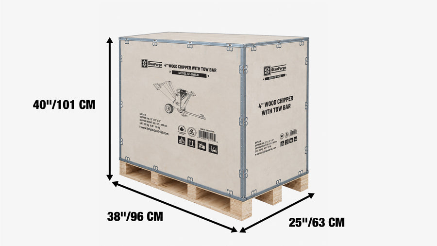 Déchiqueteuse à bois StanForge de 4 po, moteur à essence de 10 HP, goulotte d'éjection pivotante à 360°, remorquable avec attelage de 2 po, SF-GWC4L