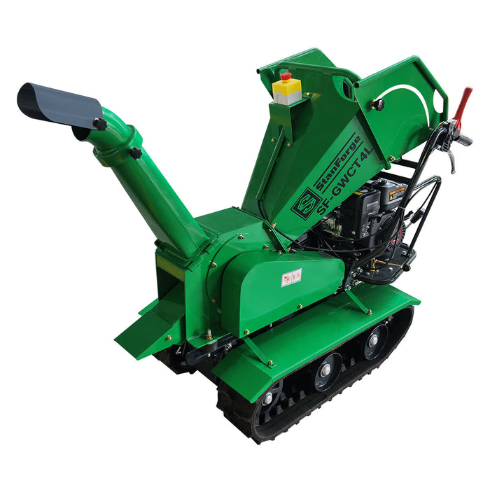 4-inch tracked wood chipper with 6.5 HP gas engine and adjustable discharge deflector
