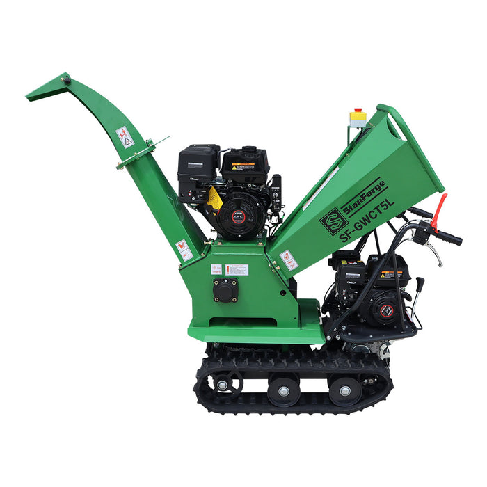 Déchiqueteuse à bois sur chenilles StanForge de 5 po, deux moteurs à essence (15 HP et 6,5 HP), déflecteur d'évacuation réglable, châssis robuste, SF-GWCT5L