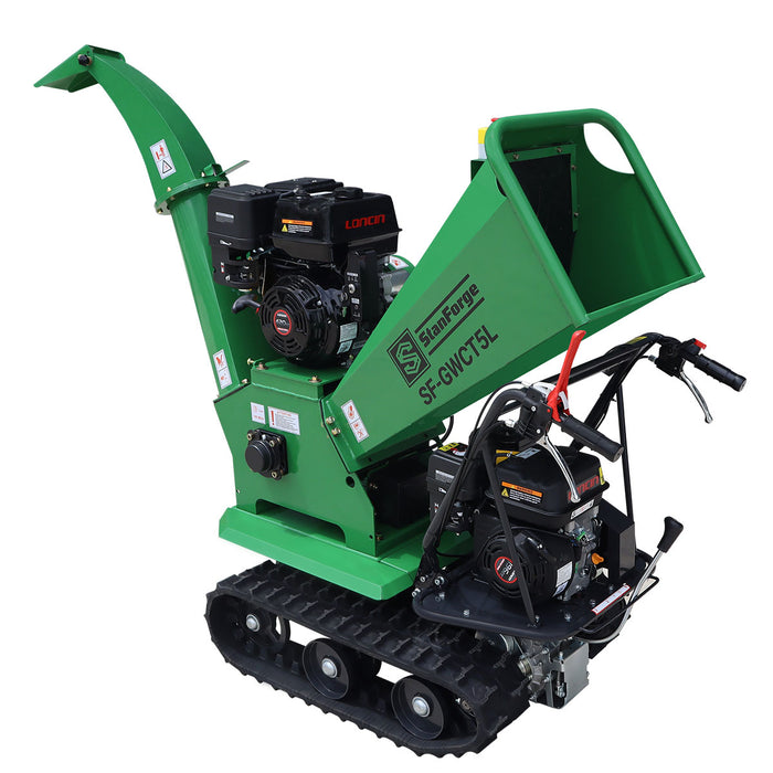 Déchiqueteuse à bois sur chenilles StanForge de 5 po, deux moteurs à essence (15 HP et 6,5 HP), déflecteur d'évacuation réglable, châssis robuste, SF-GWCT5L