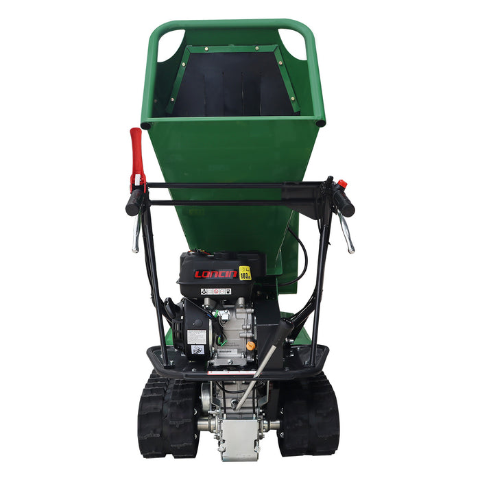 Déchiqueteuse à bois sur chenilles StanForge de 5 po, deux moteurs à essence (15 HP et 6,5 HP), déflecteur d'évacuation réglable, châssis robuste, SF-GWCT5L